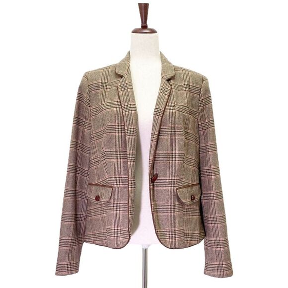 Lands End Glen Plaid Single Button Blazer Tan & Brown Leather Buttons Size 16 - Picture 3 of 15